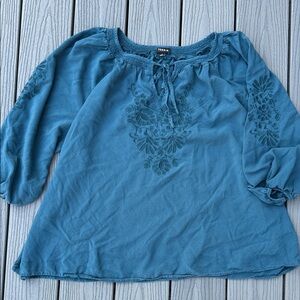 Torrid Teal Embroidered Tie-Neck Peasant Top